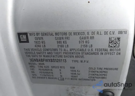 2011 Chevrolet Hhr Lt z USA, uszkodzony, nr VIN 3GNBABFWXBS528113